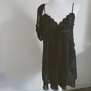 Vintage Victoria's Secret Black Lace Chemise Slip Nightgown and Panty Set